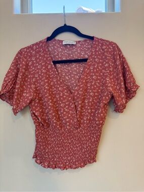 Paper Crane Rust Floral Smocked V-Neck Blouse